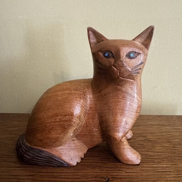 Vintage Hand Carved Wood MCM Cat Statue Figurine Boho Rustic Mid Century Modern - Picture 6 of 16